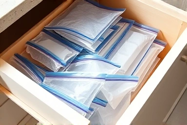 Organized kitchen drawer with zipper bag storage solutions.